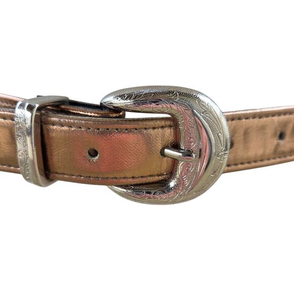Vintage 80s Gold Copper Silver Belt M/L Etched Buckle Guard Tip Office Siren - Picture 6 of 11